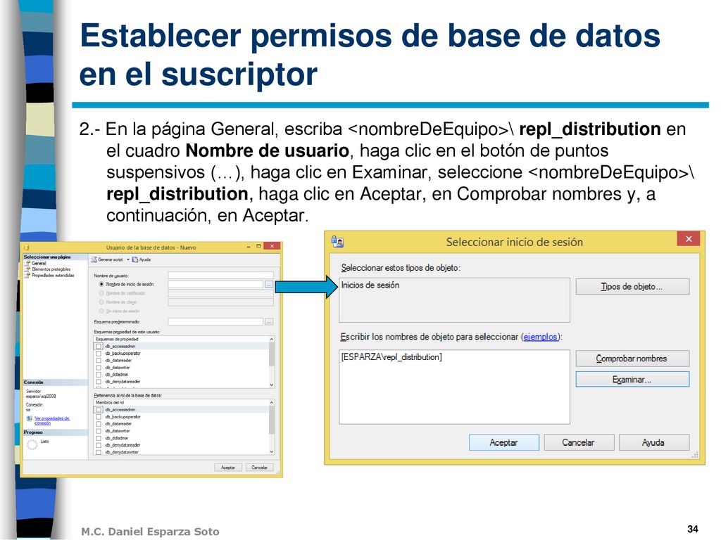 Establecer permisos de base de datos en el suscriptor