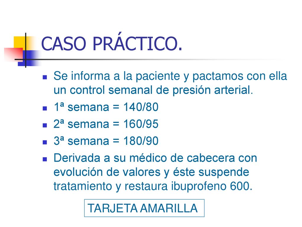 CASO PRÁCTICO. Se informa a la paciente y pactamos con ella un control semanal de presión arterial.