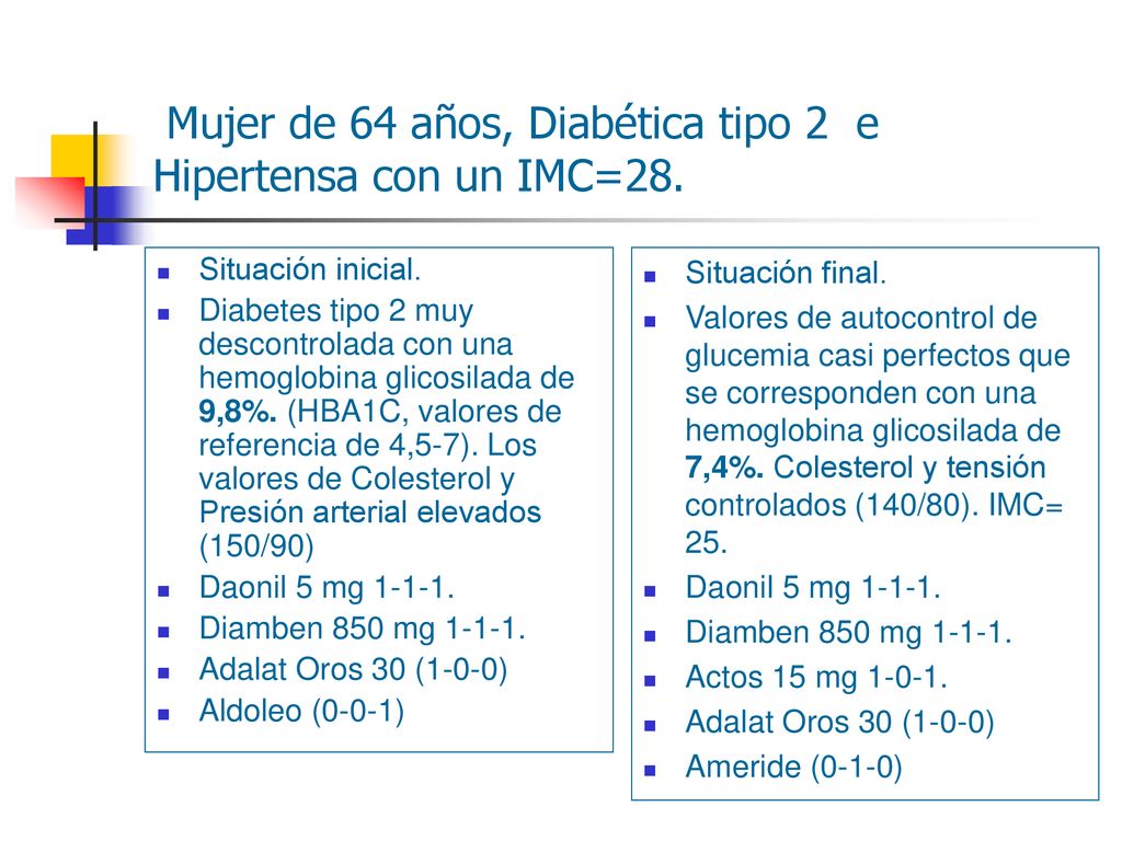 Mujer de 64 años, Diabética tipo 2 e Hipertensa con un IMC=28.
