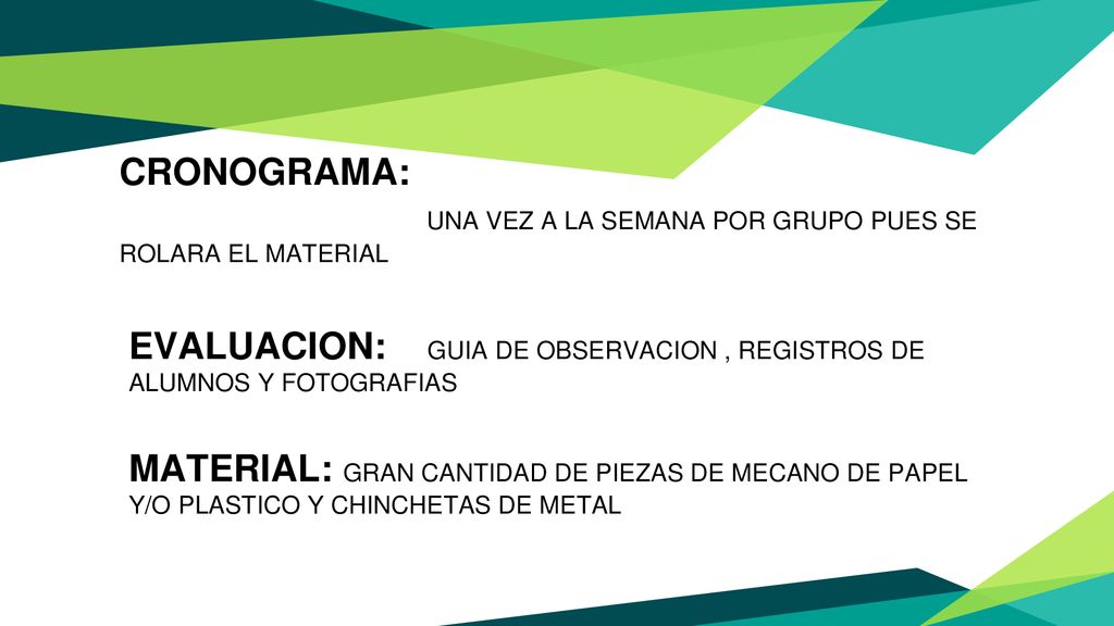 CRONOGRAMA: UNA VEZ A LA SEMANA POR GRUPO PUES SE ROLARA EL MATERIAL