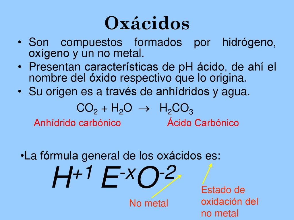 Oxácidos Son compuestos formados por hidrógeno, oxígeno y un no metal.