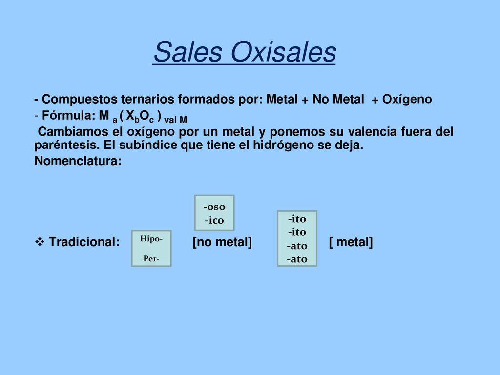 Sales Oxisales - Compuestos ternarios formados por: Metal + No Metal + Oxígeno. Fórmula: M a ( XbOc ) val M.
