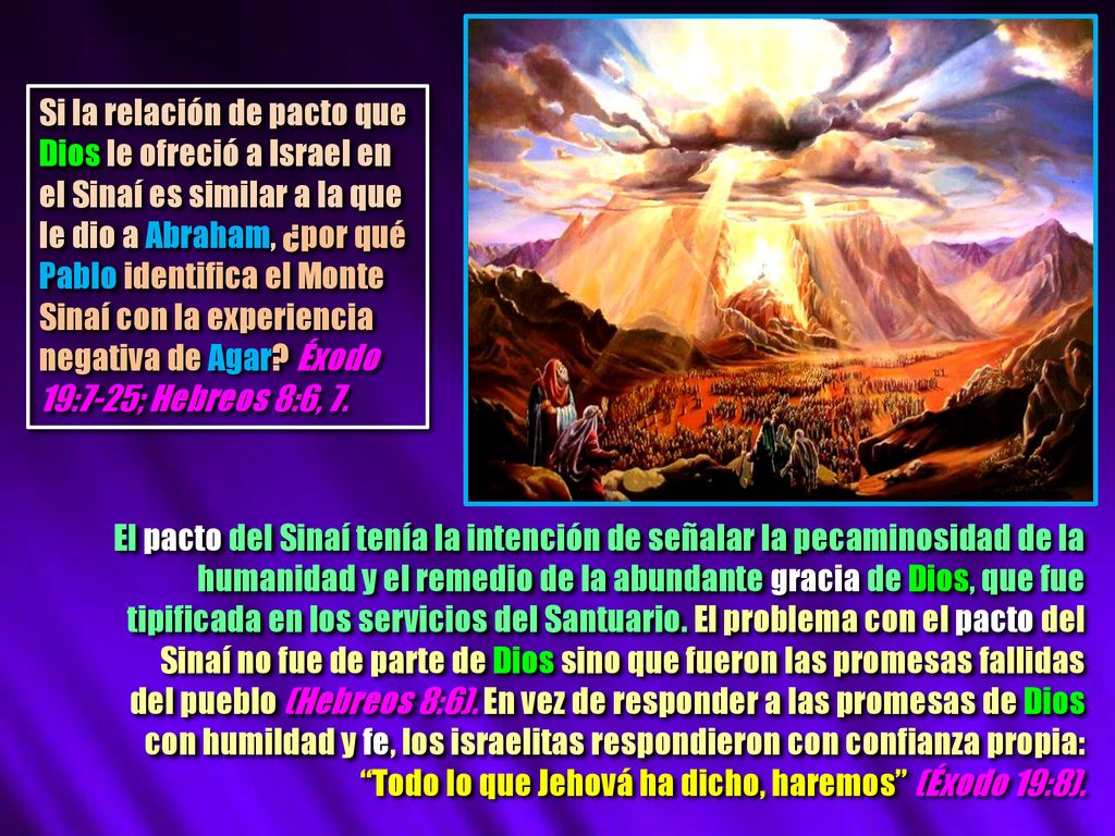 Si la relación de pacto que Dios le ofreció a Israel en el Sinaí es similar a la que le dio a Abraham, ¿por qué Pablo identifica el Monte Sinaí con la experiencia negativa de Agar Éxodo 19:7-25; Hebreos 8:6, 7.