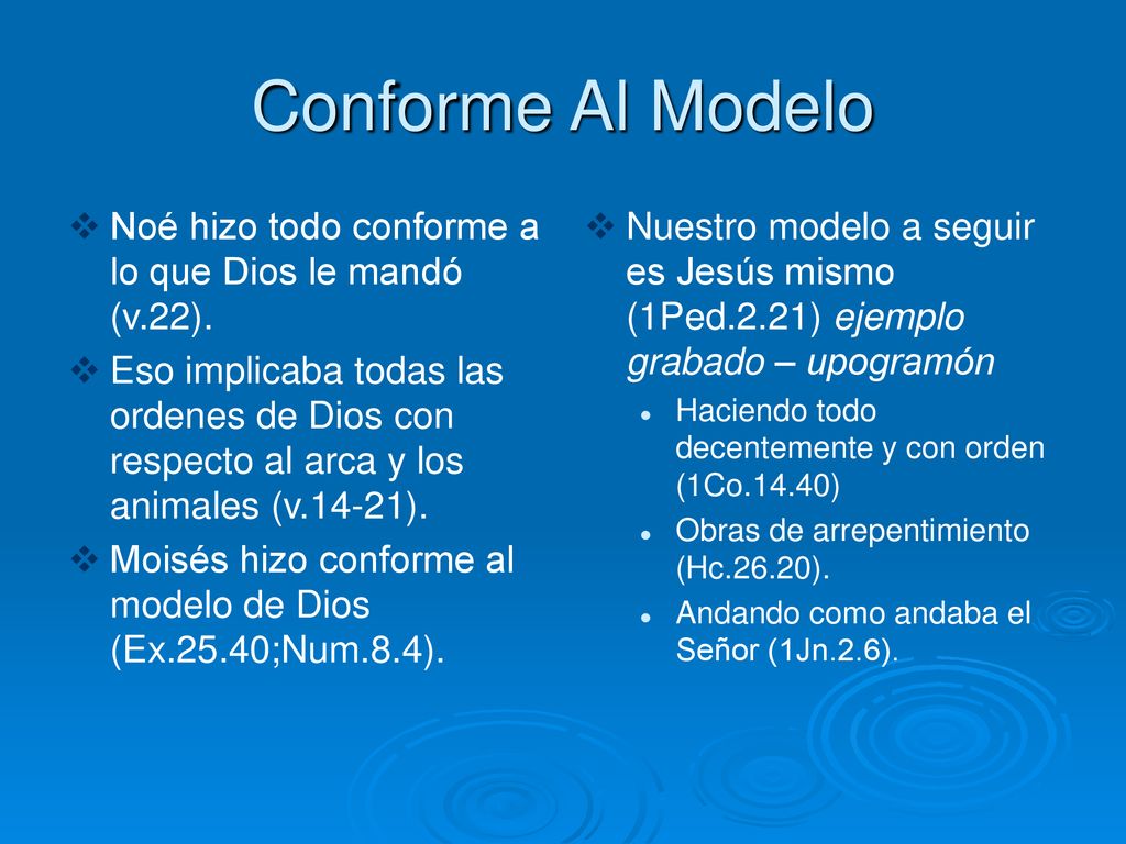 Conforme Al Modelo Noé hizo todo conforme a lo que Dios le mandó (v.22).