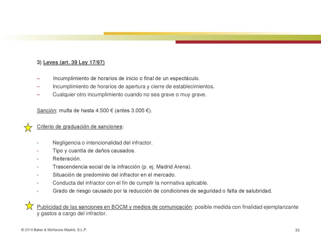 3) Leves (art. 39 Ley 17/97) Incumplimiento de horarios de inicio o final de un espectáculo.