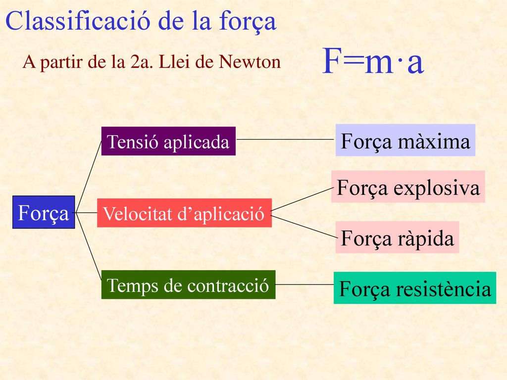 F=m·a Classificació de la força Força màxima Força explosiva Força