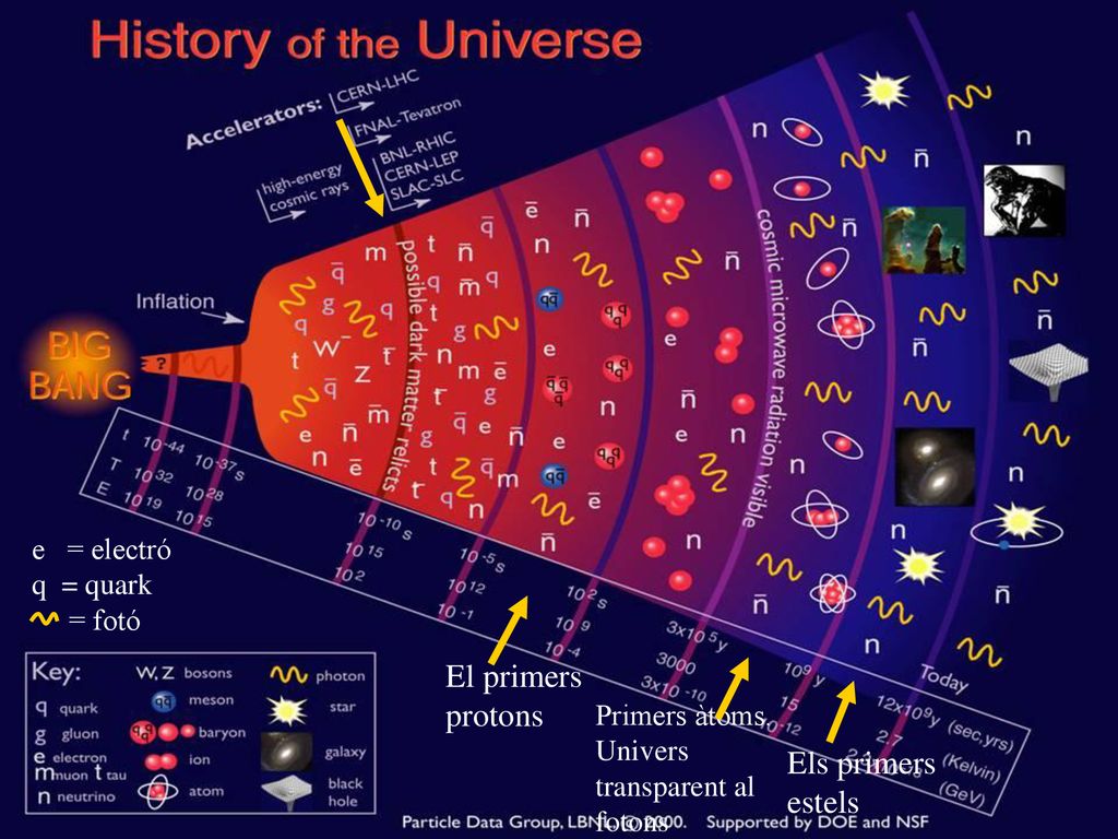 El primers protons Els primers estels e = electró q = quark = fotó