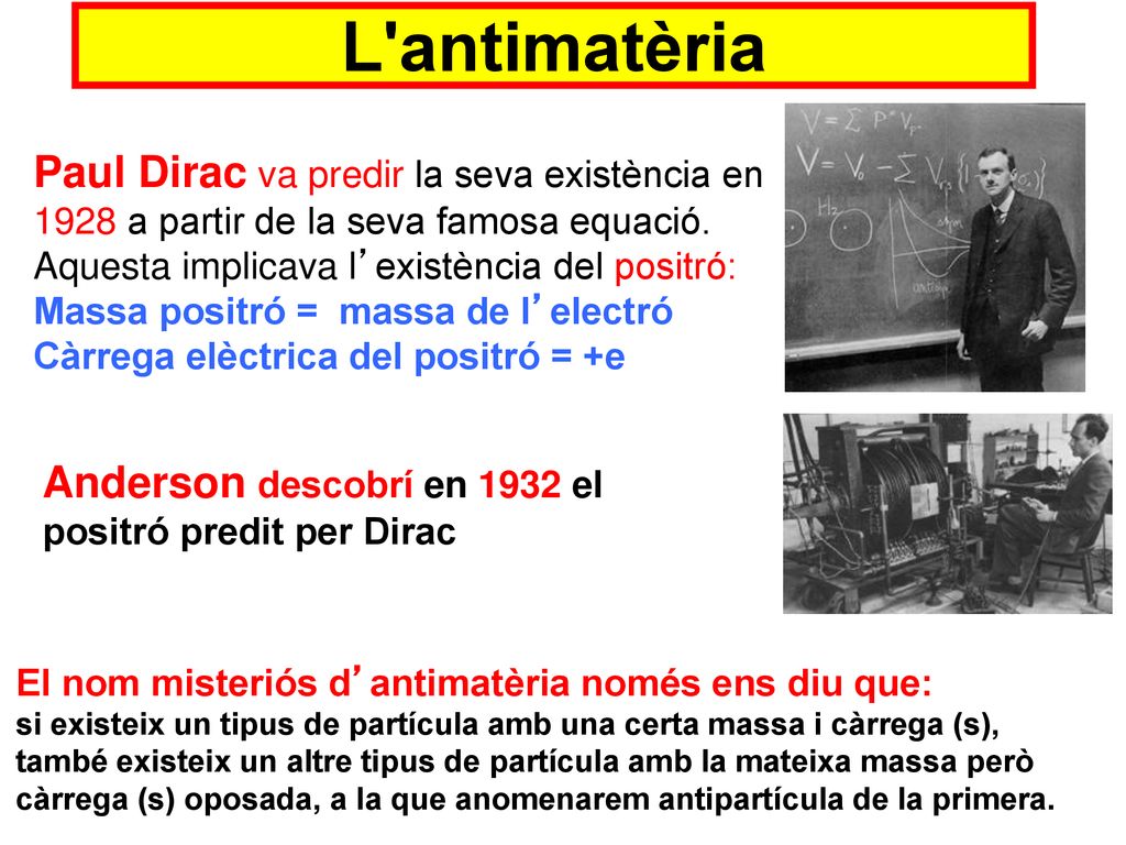 L antimatèria Paul Dirac va predir la seva existència en 1928 a partir de la seva famosa equació. Aquesta implicava l’existència del positró: