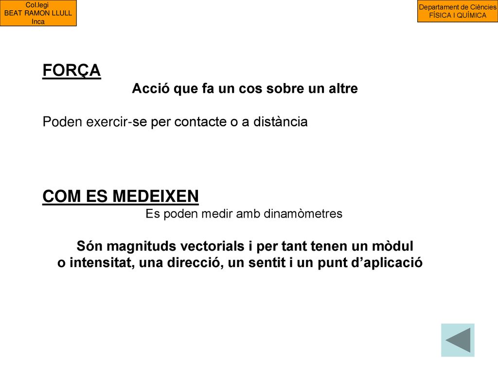 FORÇA COM ES MEDEIXEN Acció que fa un cos sobre un altre