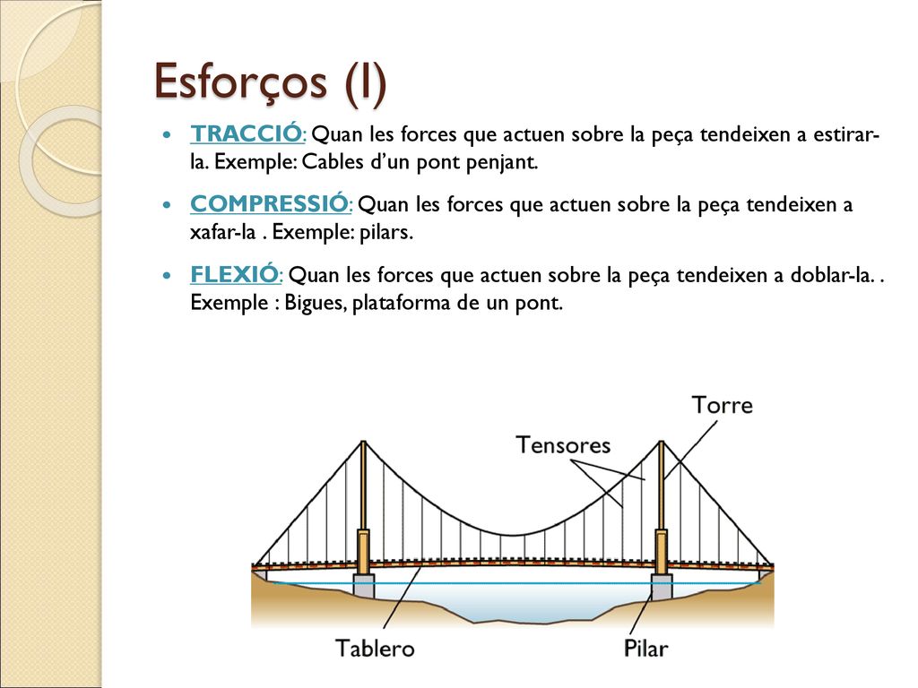 Esforços (I) TRACCIÓ: Quan les forces que actuen sobre la peça tendeixen a estirar- la. Exemple: Cables d’un pont penjant.