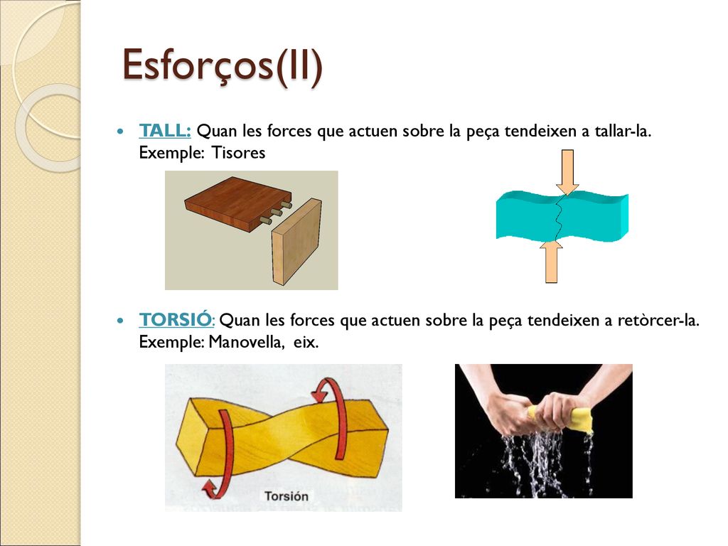 Esforços(II) TALL: Quan les forces que actuen sobre la peça tendeixen a tallar-la. Exemple: Tisores.