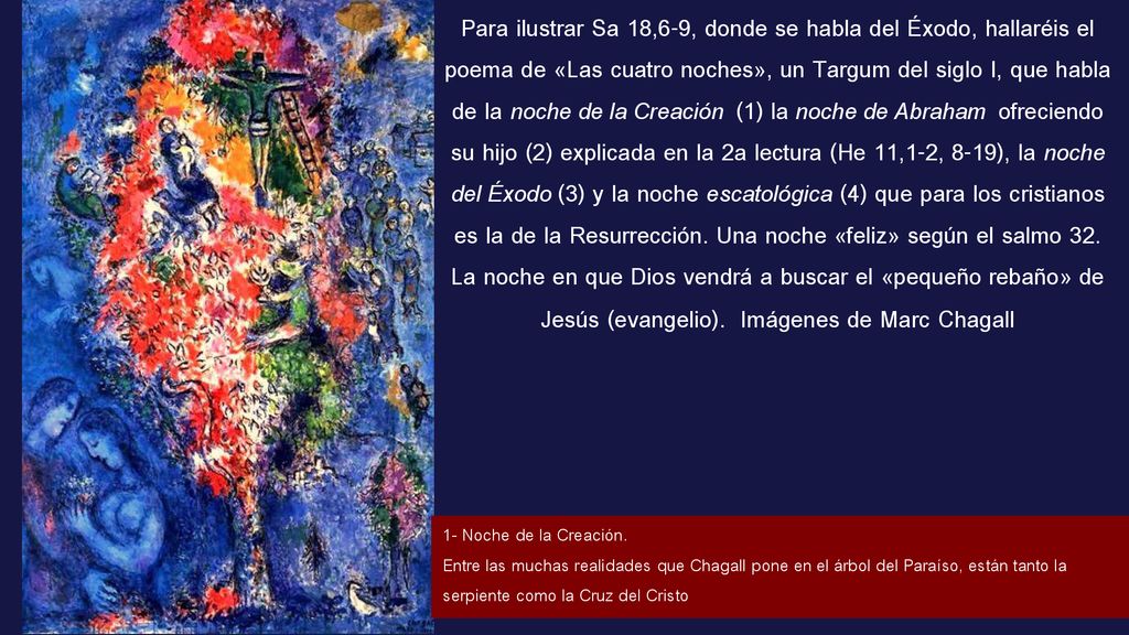 Para ilustrar Sa 18,6-9, donde se habla del Éxodo, hallaréis el poema de «Las cuatro noches», un Targum del siglo I, que habla de la noche de la Creación (1) la noche de Abraham ofreciendo su hijo (2) explicada en la 2a lectura (He 11,1-2, 8-19), la noche del Éxodo (3) y la noche escatológica (4) que para los cristianos es la de la Resurrección. Una noche «feliz» según el salmo 32. La noche en que Dios vendrá a buscar el «pequeño rebaño» de Jesús (evangelio). Imágenes de Marc Chagall