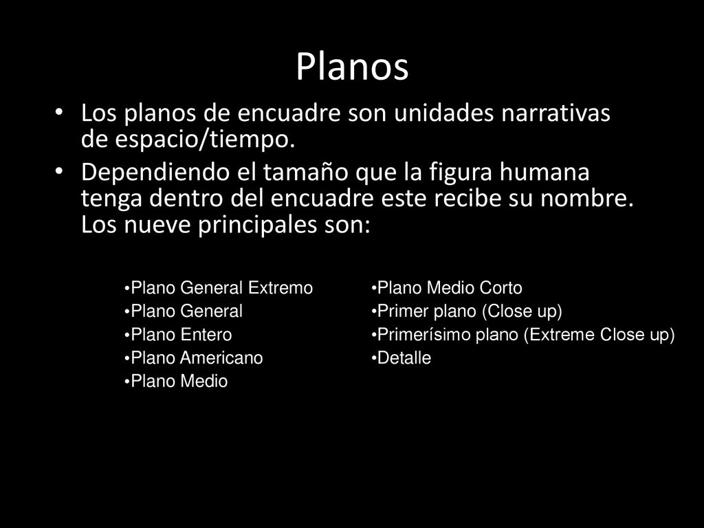 Planos Los planos de encuadre son unidades narrativas de espacio/tiempo.