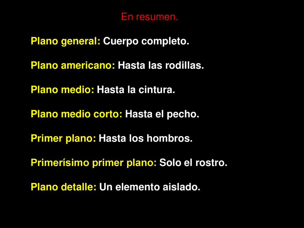 En resumen. Plano general: Cuerpo completo. Plano americano: Hasta las rodillas. Plano medio: Hasta la cintura.