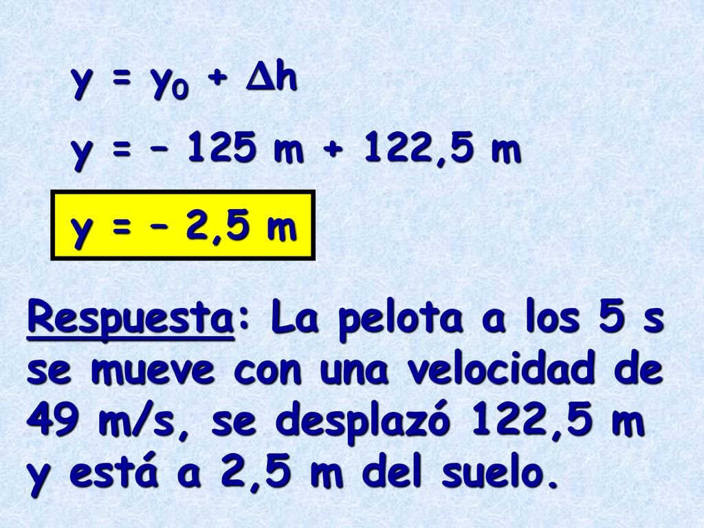 y = y0 + Δh y = – 125 m + 122,5 m. y = – 2,5 m.