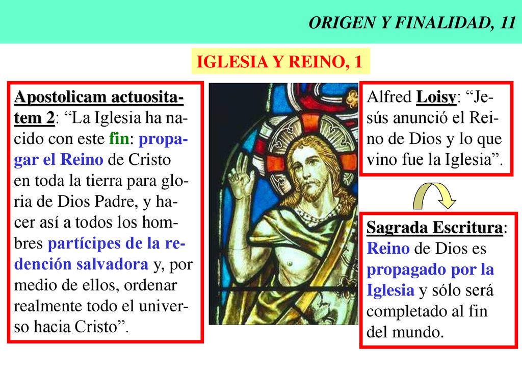 ORIGEN Y FINALIDAD, 11 IGLESIA Y REINO, 1. Apostolicam actuosita- tem 2: La Iglesia ha na- cido con este fin: propa-