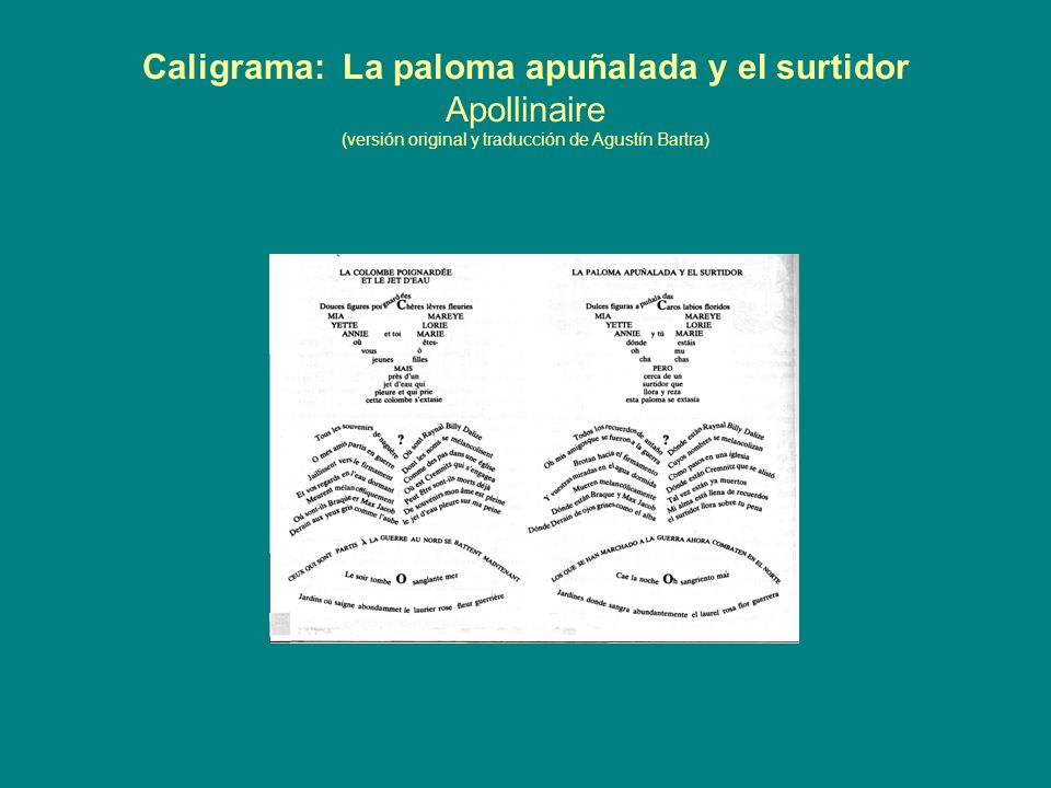 Caligrama: La paloma apuñalada y el surtidor Apollinaire (versión original y traducción de Agustín Bartra)
