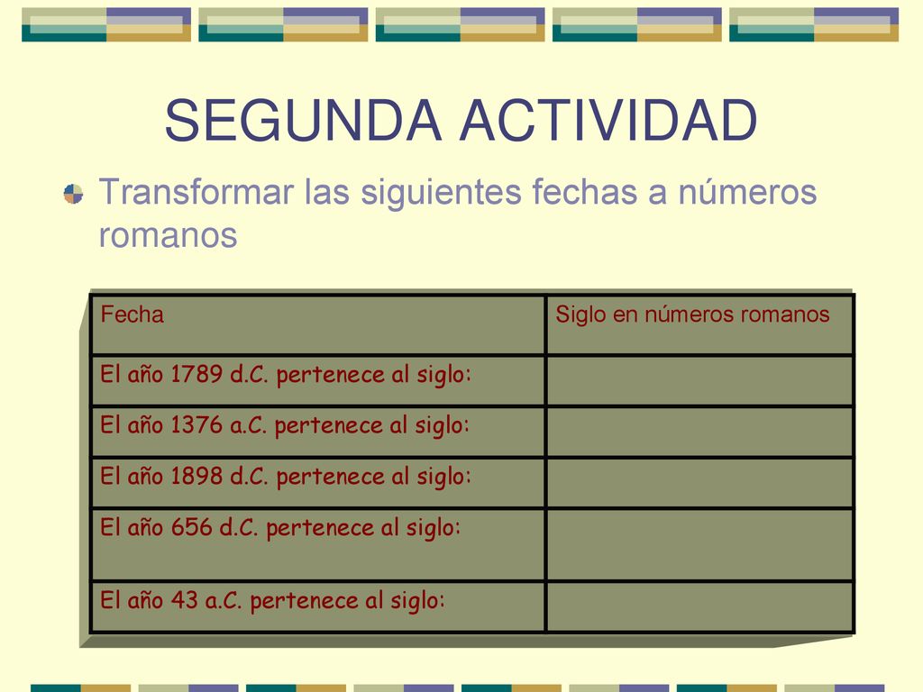 SEGUNDA ACTIVIDAD Transformar las siguientes fechas a números romanos