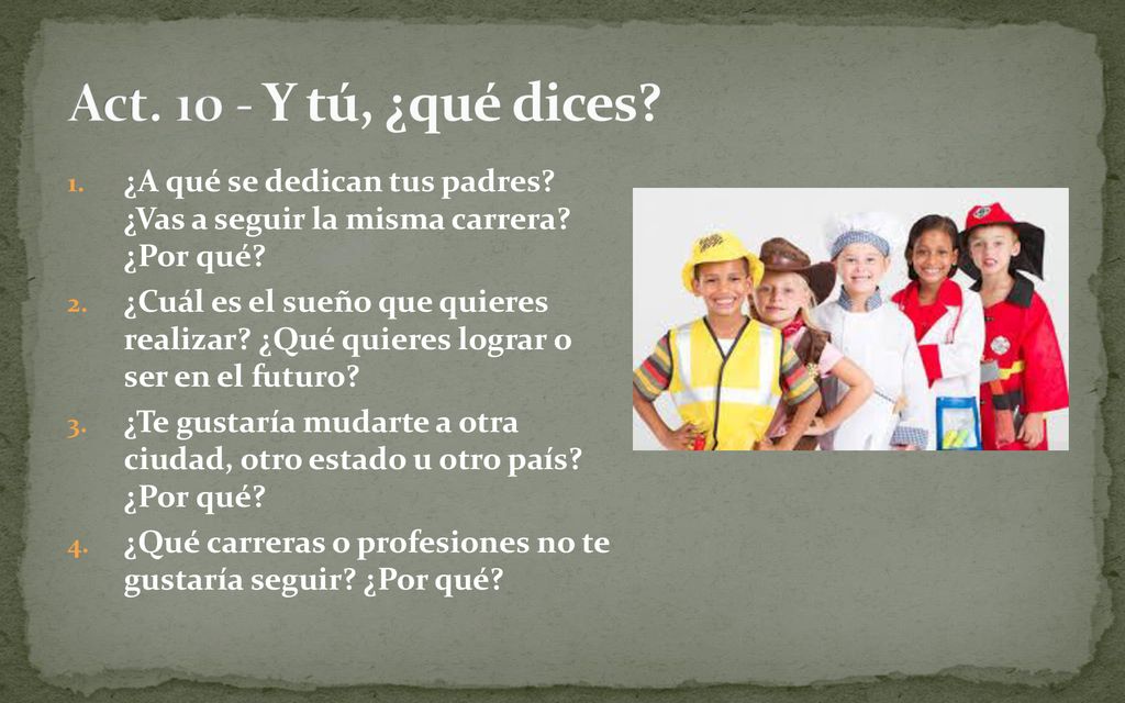 Act Y tú, ¿qué dices ¿A qué se dedican tus padres ¿Vas a seguir la misma carrera ¿Por qué