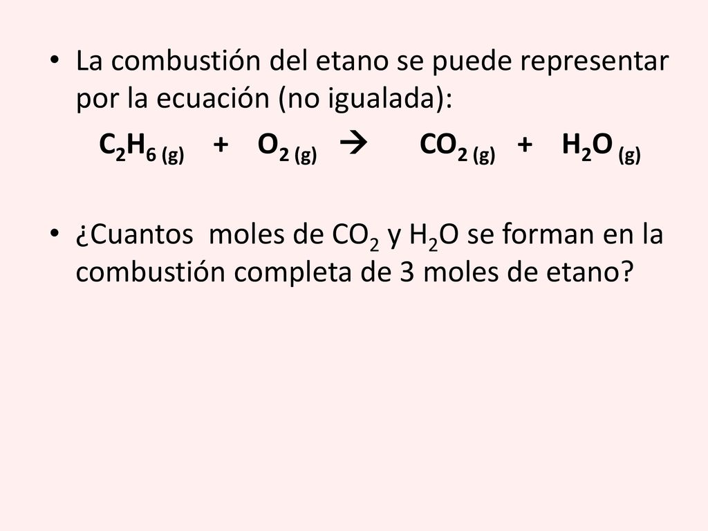 La combustión del etano se puede representar por la ecuación (no igualada):