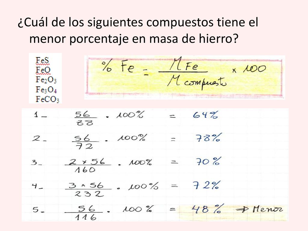¿Cuál de los siguientes compuestos tiene el menor porcentaje en masa de hierro