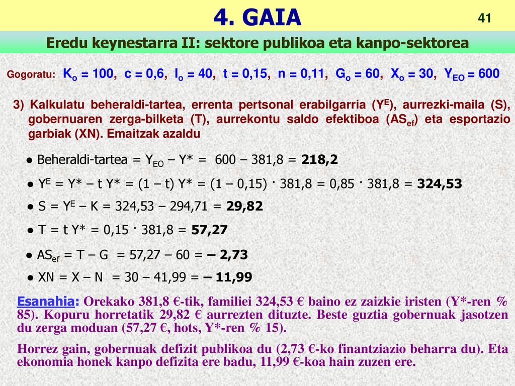 Gogoratu: Ko = 100, c = 0,6, Io = 40, t = 0,15, n = 0,11, Go = 60, Xo = 30, YEO = 600