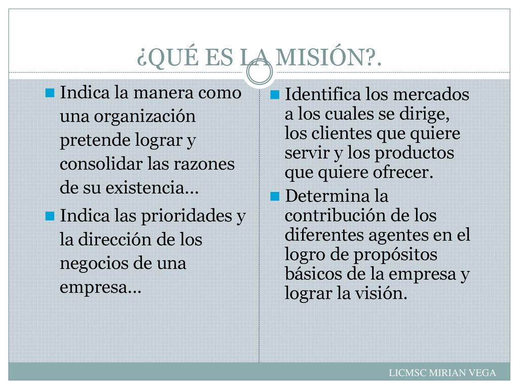 ¿QUÉ ES LA MISIÓN . Indica la manera como una organización pretende lograr y consolidar las razones de su existencia…