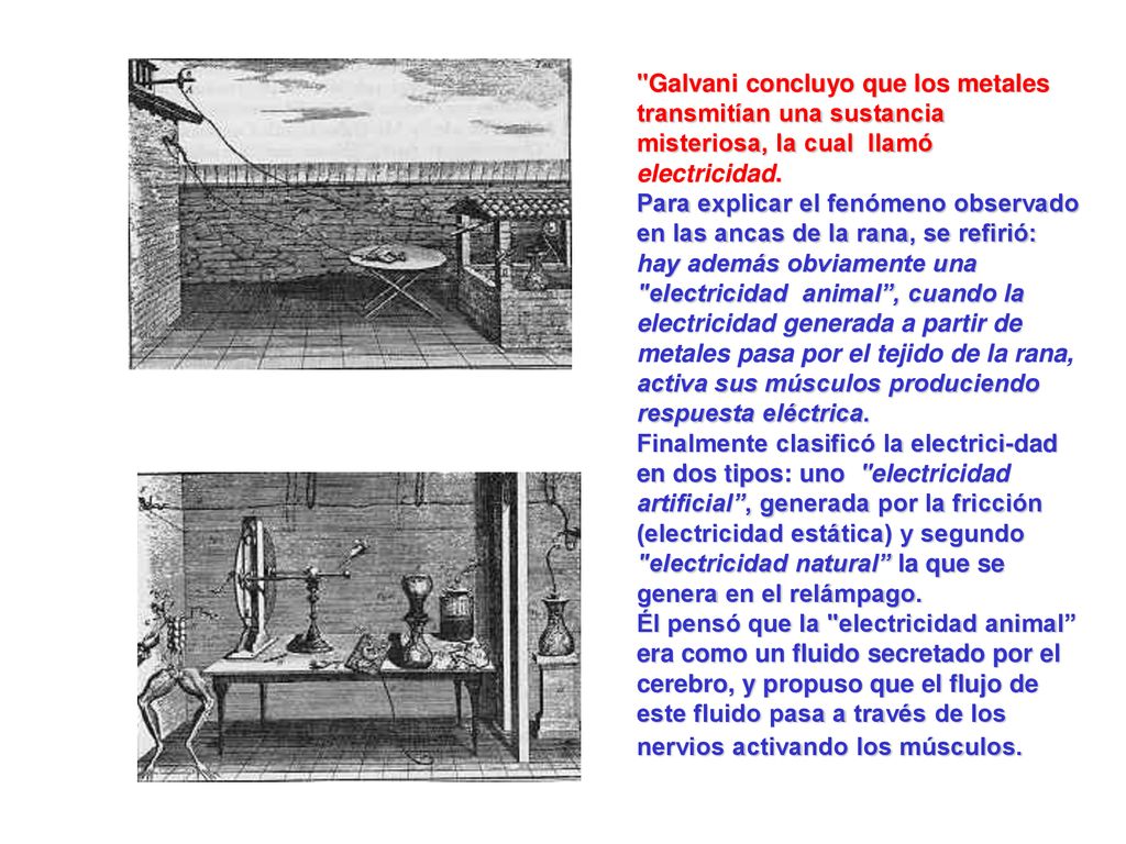 Galvani concluyo que los metales transmitían una sustancia misteriosa, la cual llamó electricidad.