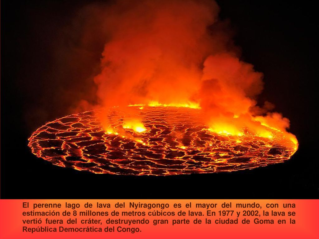 El perenne lago de lava del Nyiragongo es el mayor del mundo, con una estimación de 8 millones de metros cúbicos de lava.