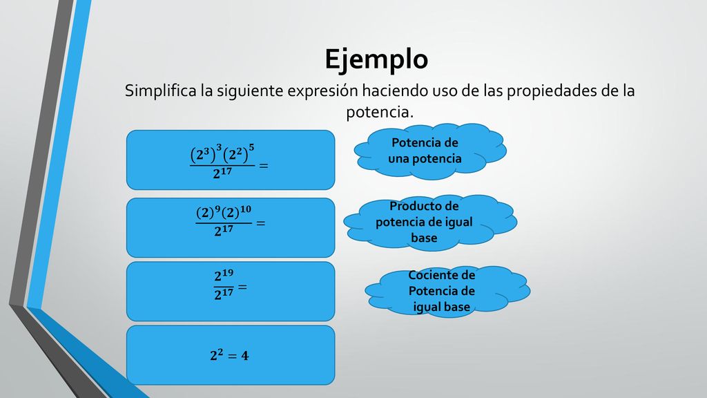 Ejemplo Simplifica la siguiente expresión haciendo uso de las propiedades de la potencia. Potencia de una potencia.