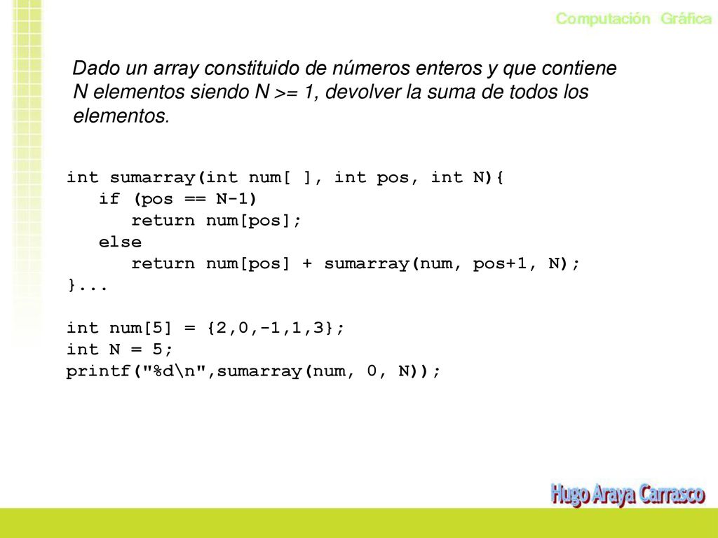 Dado un array constituido de números enteros y que contiene N elementos siendo N >= 1, devolver la suma de todos los elementos.