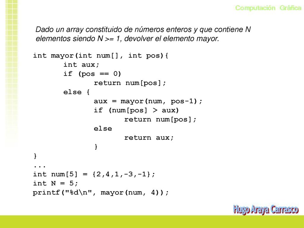 Dado un array constituido de números enteros y que contiene N elementos siendo N >= 1, devolver el elemento mayor.