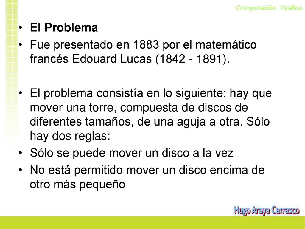 El Problema Fue presentado en 1883 por el matemático francés Edouard Lucas ( ).
