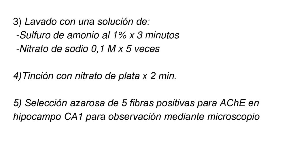 3) Lavado con una solución de: -Sulfuro de amonio al 1% x 3 minutos -Nitrato de sodio 0,1 M x 5 veces 4)Tinción con nitrato de plata x 2 min.
