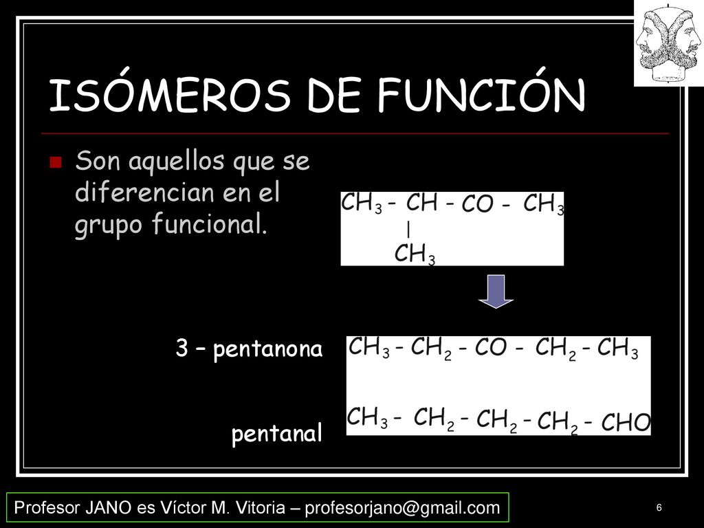 ISÓMEROS DE FUNCIÓN Son aquellos que se diferencian en el grupo funcional. 3 – pentanona pentanal