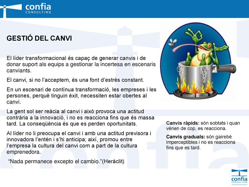 GESTIÓ DEL CANVI El líder transformacional és capaç de generar canvis i de donar suport als equips a gestionar la incertesa en escenaris canviants.