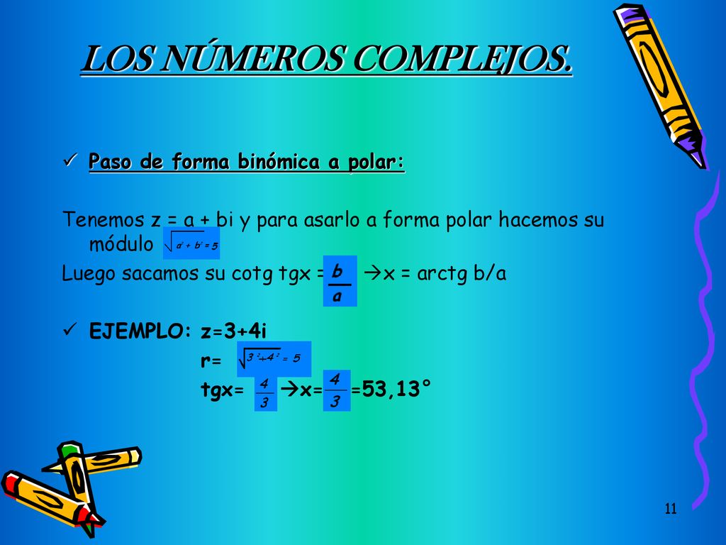 LOS NÚMEROS COMPLEJOS. Paso de forma binómica a polar: