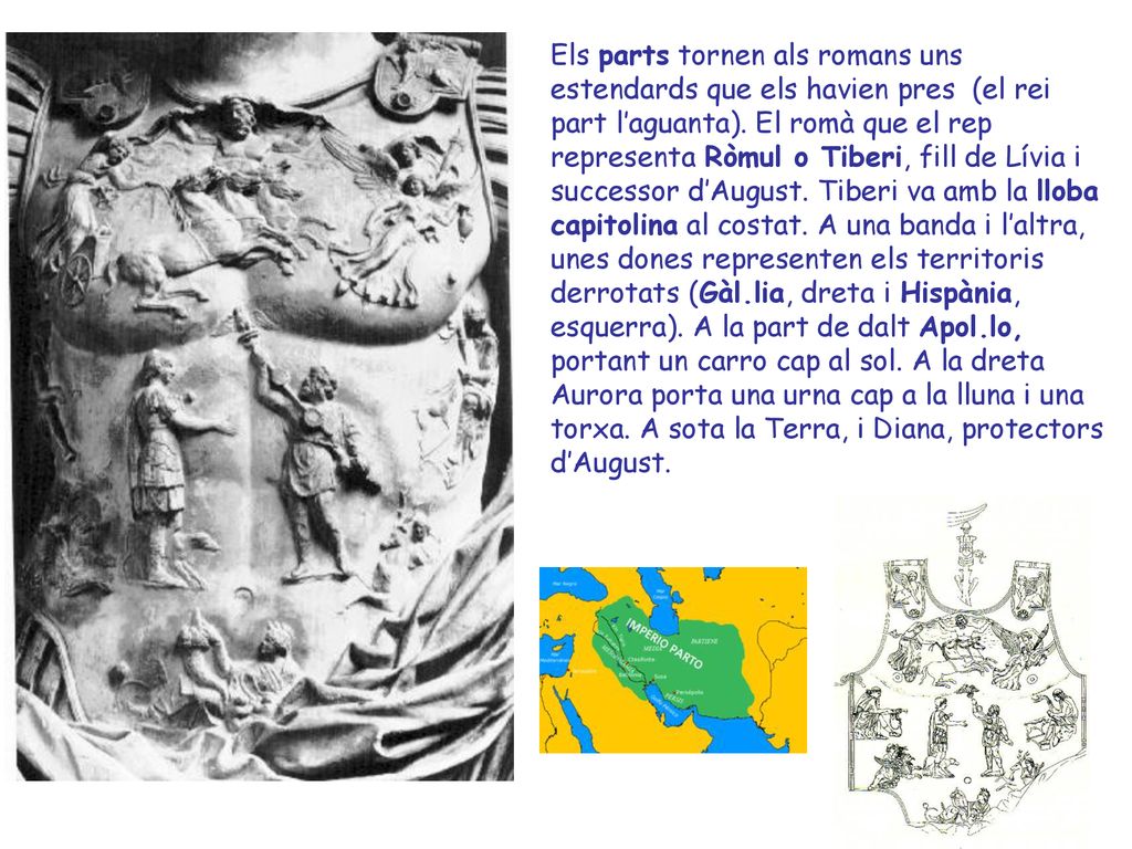 Els parts tornen als romans uns estendards que els havien pres (el rei part l’aguanta).