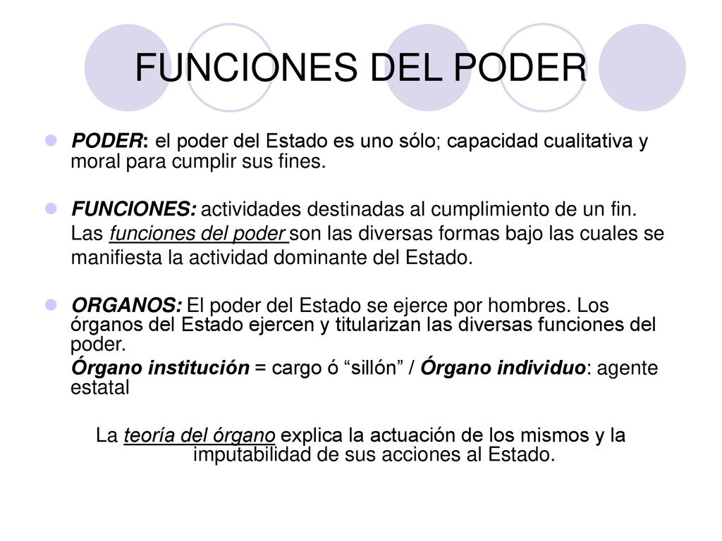FUNCIONES DEL PODER PODER: el poder del Estado es uno sólo; capacidad cualitativa y moral para cumplir sus fines.