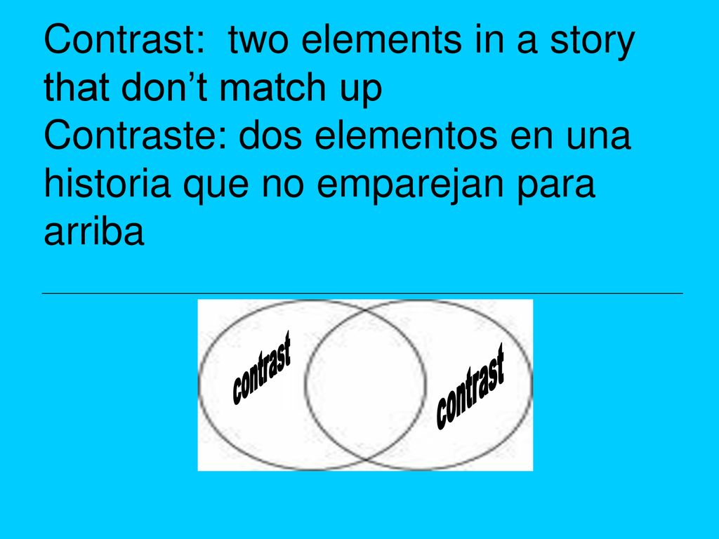 Contrast: two elements in a story that don’t match up Contraste: dos elementos en una historia que no emparejan para arriba