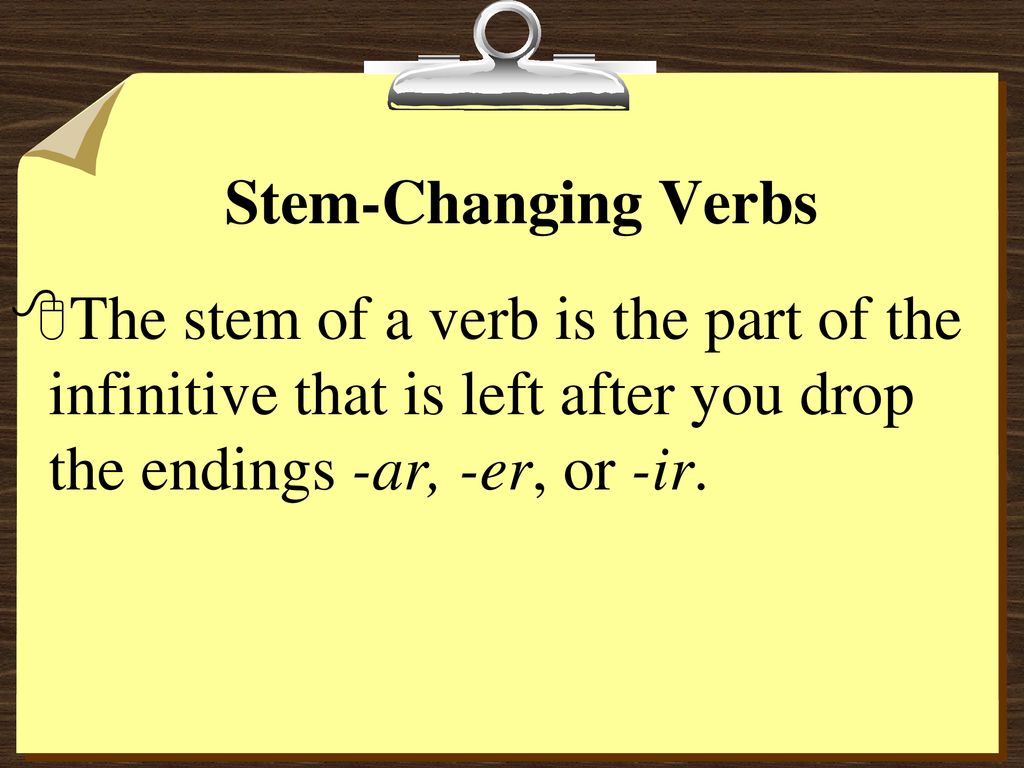 Stem-Changing Verbs The stem of a verb is the part of the infinitive that is left after you drop the endings -ar, -er, or -ir.