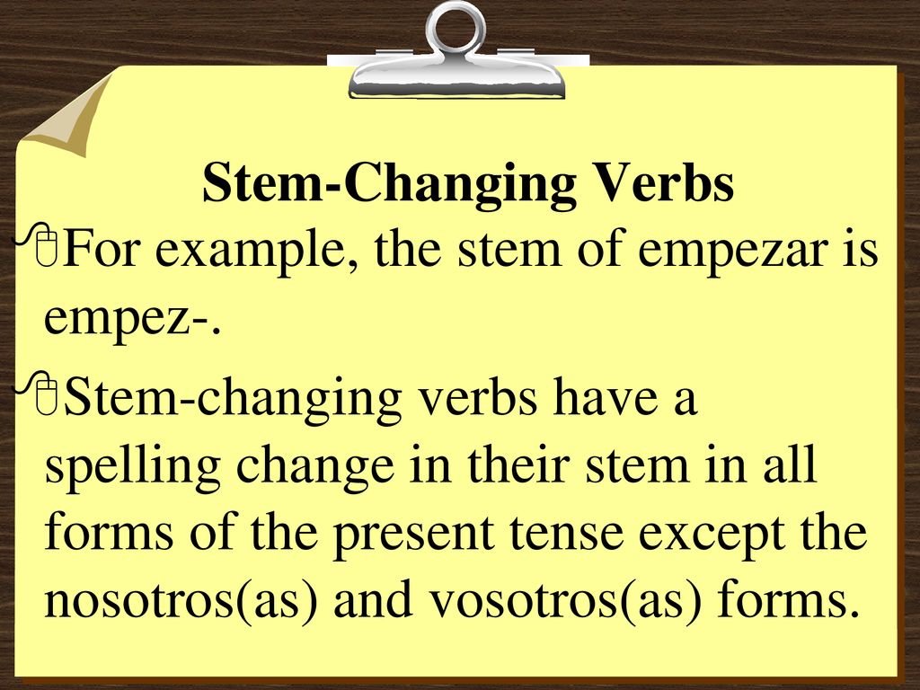 Stem-Changing Verbs For example, the stem of empezar is empez-.