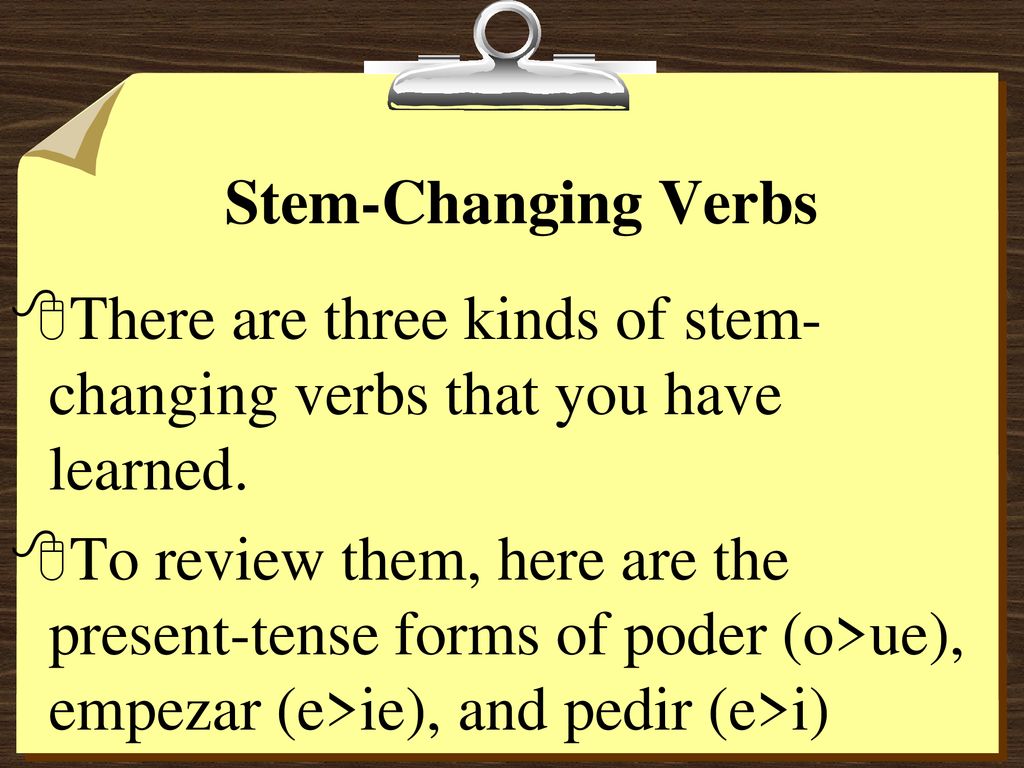 Stem-Changing Verbs There are three kinds of stem-changing verbs that you have learned.