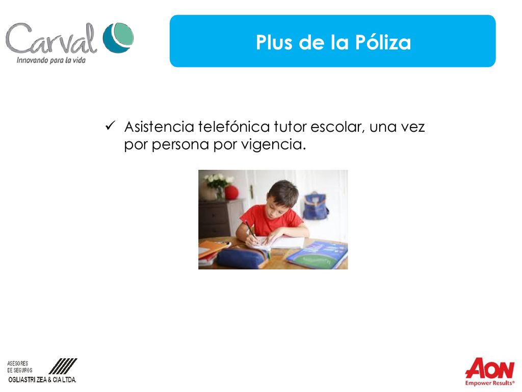 Plus de la Póliza Asistencia telefónica tutor escolar, una vez por persona por vigencia.