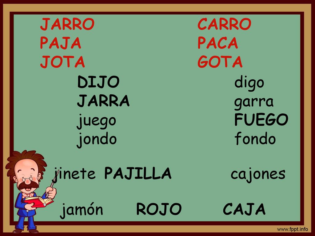 JARRO CARRO PAJA PACA. JOTA GOTA. DIJO digo. JARRA garra. juego FUEGO. jondo fondo.