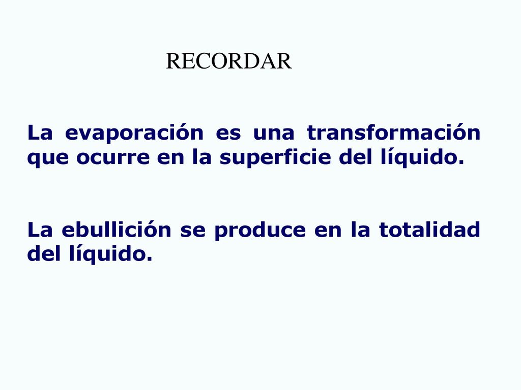 RECORDAR La evaporación es una transformación que ocurre en la superficie del líquido.