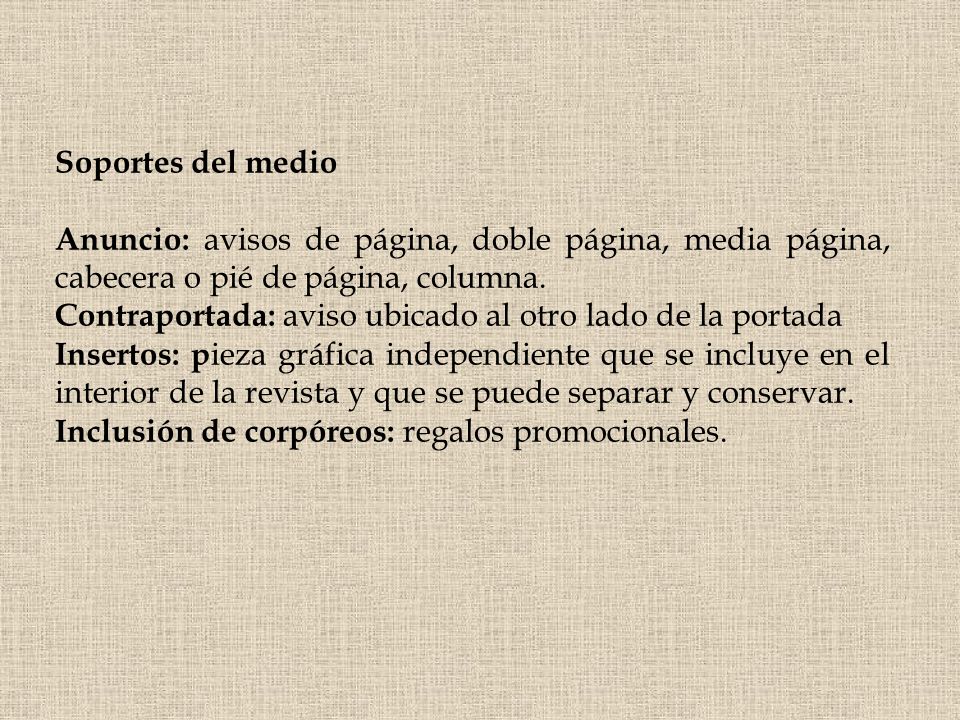 Soportes del medio Anuncio: avisos de página, doble página, media página, cabecera o pié de página, columna.
