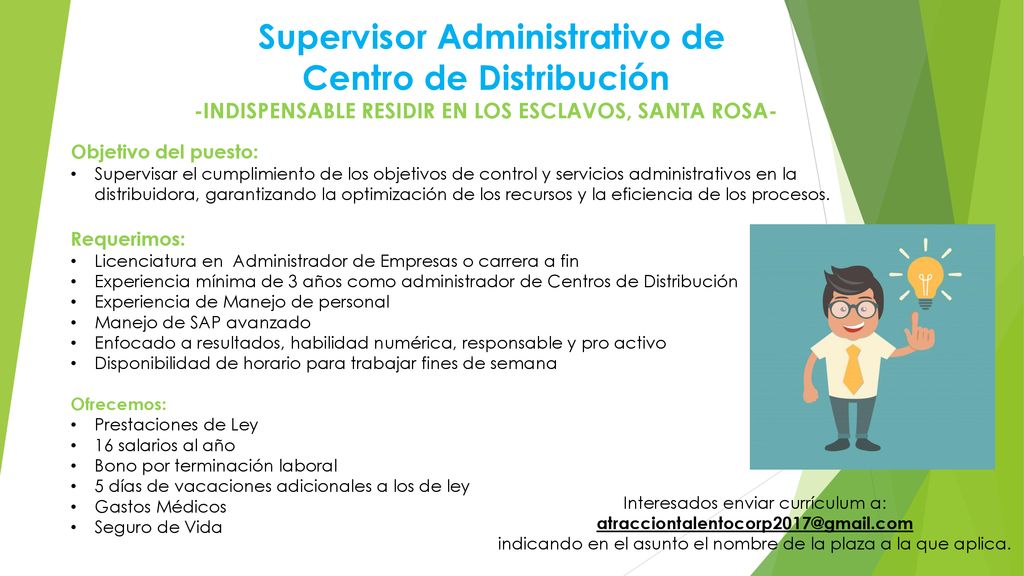 Supervisor Administrativo de Centro de Distribución -INDISPENSABLE RESIDIR EN LOS ESCLAVOS, SANTA ROSA-