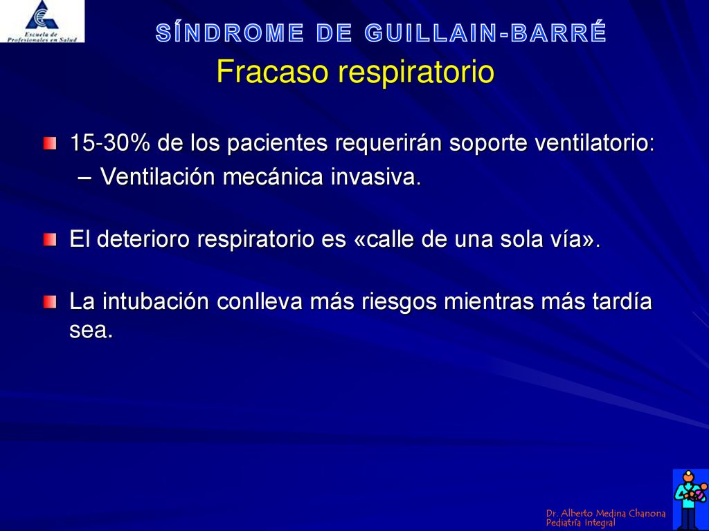 Fracaso respiratorio 15-30% de los pacientes requerirán soporte ventilatorio: Ventilación mecánica invasiva.