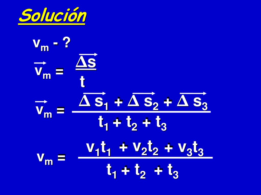 Solución t Δs Δ s1 + Δ s2 + Δ s3 t1 + t2 + t3 v1t1 + v2t2 + v3t3 t1